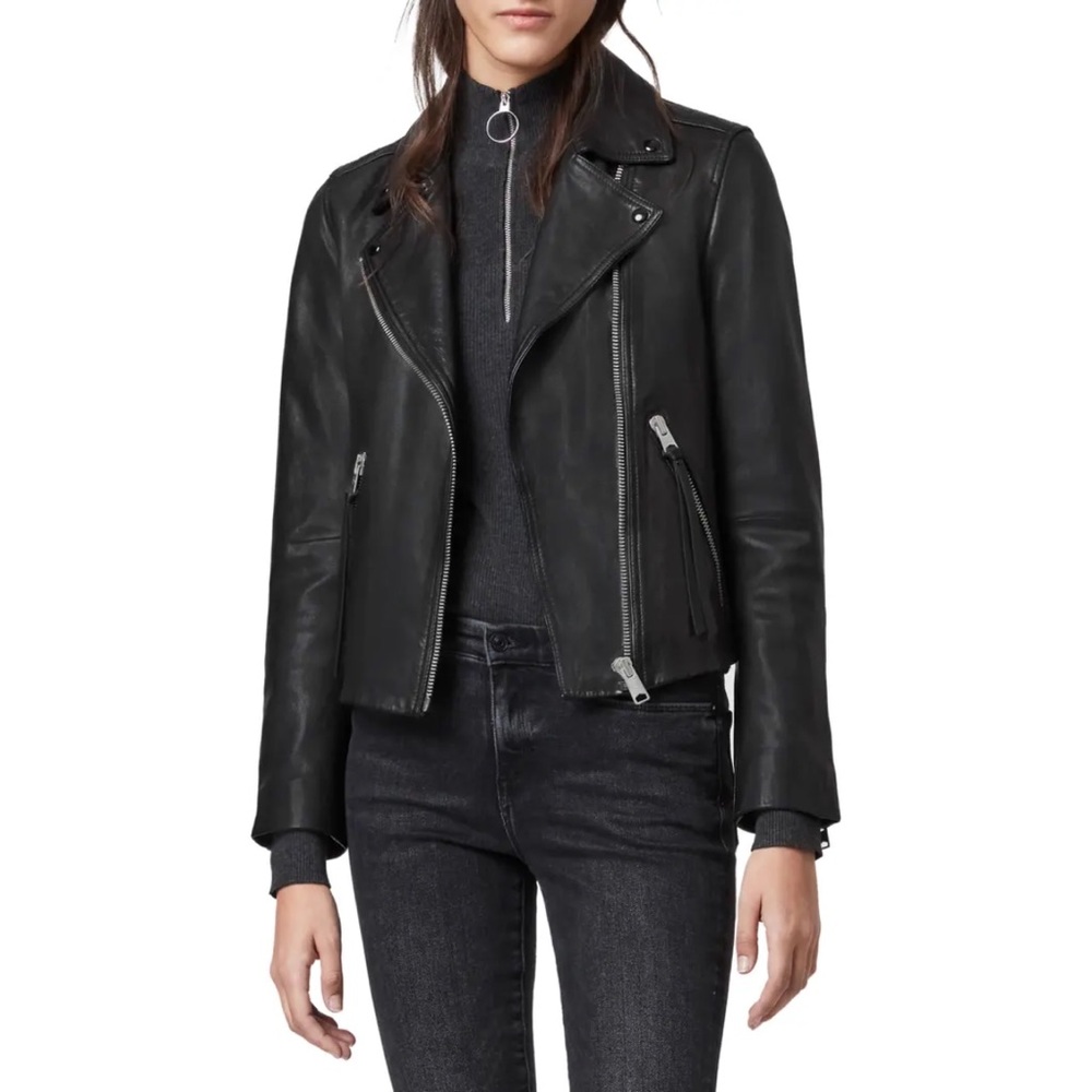 All Saints Dalby Black Leather Moto Biker Zip Front Jacket Size 6